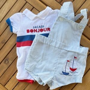 Jacadi White and Blue Baby Romper + Overalls